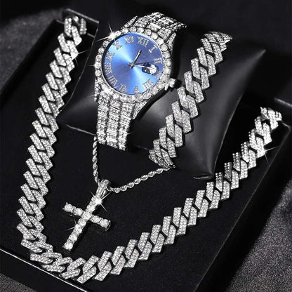 Mens 4 pc Bling Watch & Hip Hop Cuban Chain Necklace Set