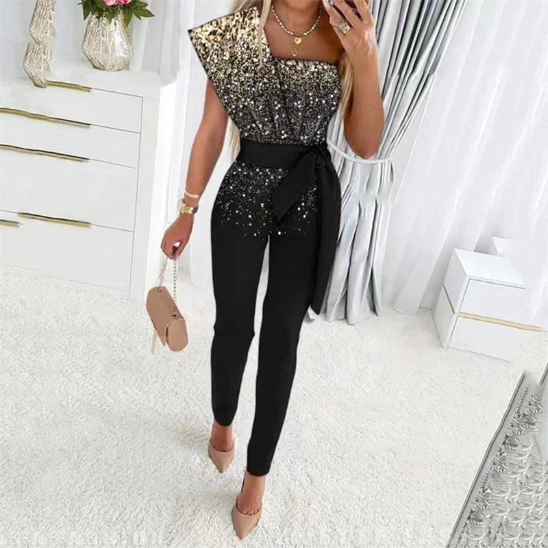 Sequin Decoration One Shoulder Backless Slim Fit High Waist Jumpsuit