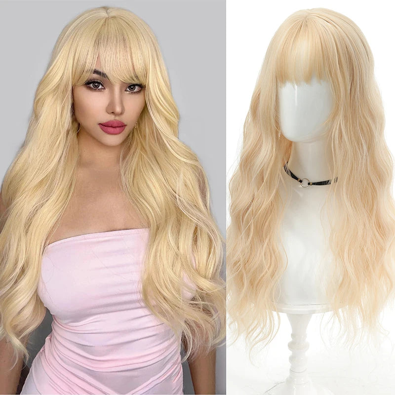 Long Wavy 24 Inch Synthetic Wig with Bangs Heat Resistant