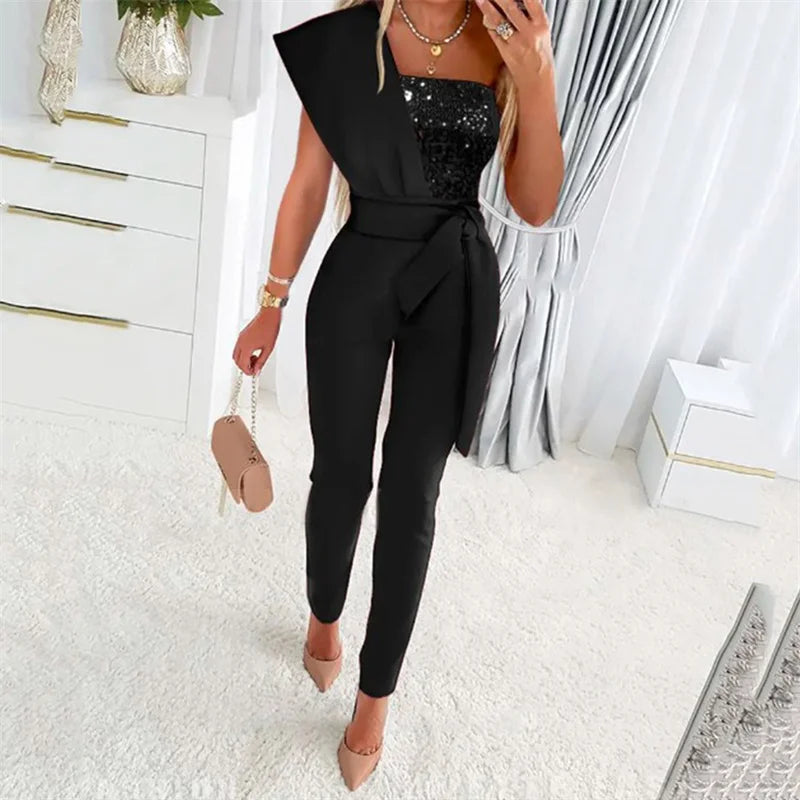 Sequin Decoration One Shoulder Backless Slim Fit High Waist Jumpsuit