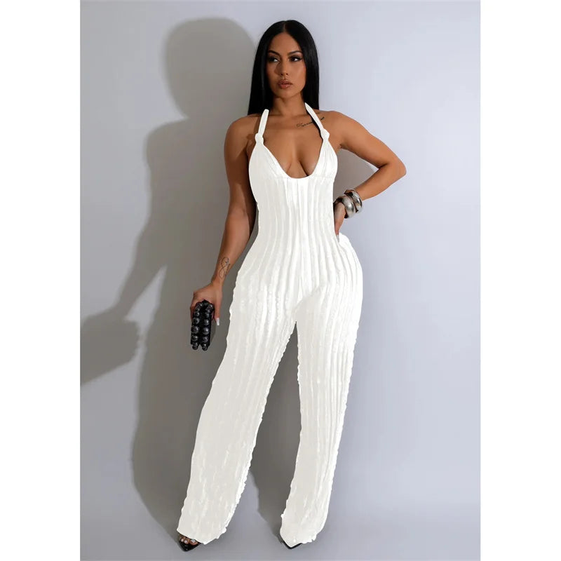 Women's Low Cut Backless Mesh Stripe Jumpsuit - Pleasures and Sins   Pleasures and Sins