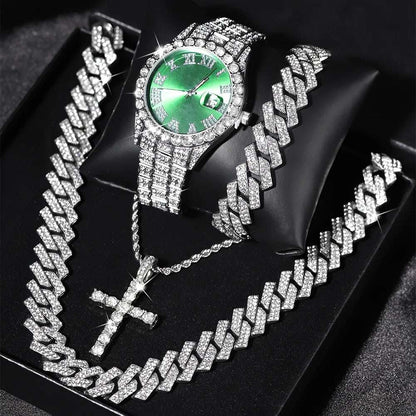 Mens 4 pc Bling Watch & Hip Hop Cuban Chain Necklace Set