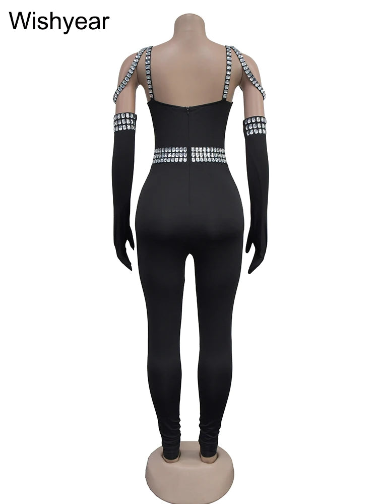 Luxury Jumpsuit with gloves Sexy Backless Rhinestone Bodycon One Piece - Pleasures and Sins   Pleasures and Sins