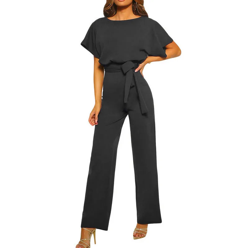 Women's Elegant Short Sleeve Waist Tie Solid Color Wide Leg Jumpsuit - Pleasures and Sins   Pleasures and Sins