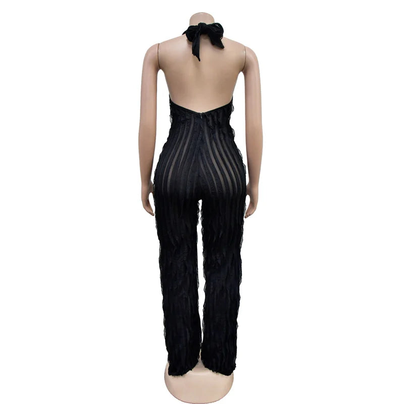 Women's Low Cut Backless Mesh Stripe Jumpsuit - Pleasures and Sins   Pleasures and Sins