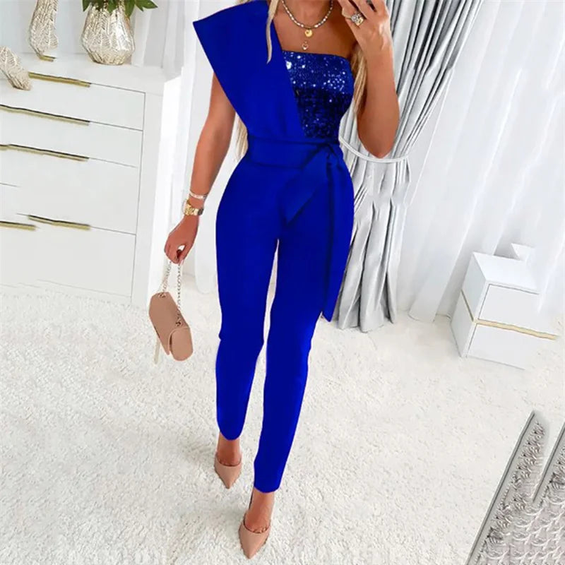 Sequin Decoration One Shoulder Backless Slim Fit High Waist Jumpsuit