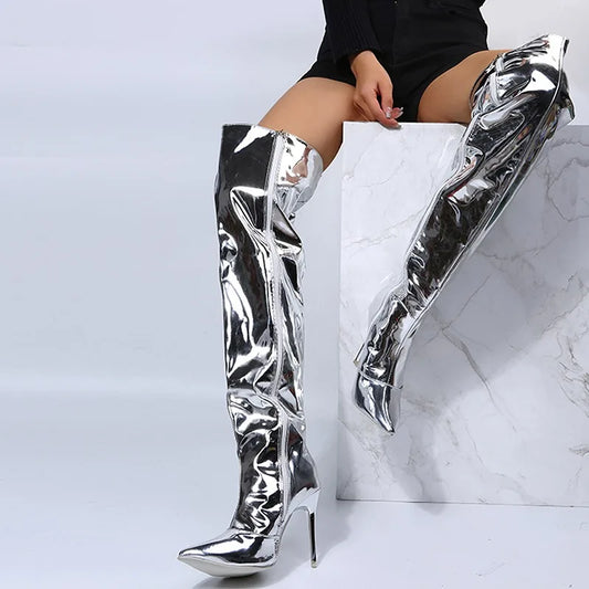 Womens Silver Mirror Boots Platform Pointy Toe  High Heels Over The Knee Long Boots