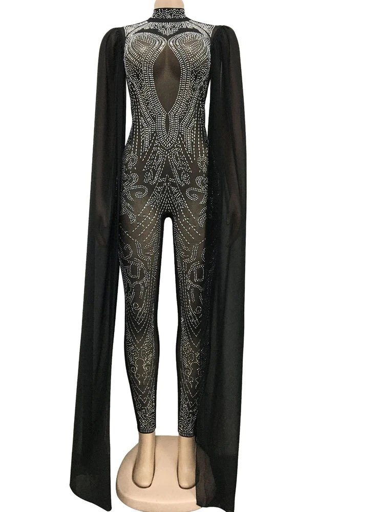 Sparkling Black Rhinestone Long Sleeve Jumpsuit With Attached Cloak