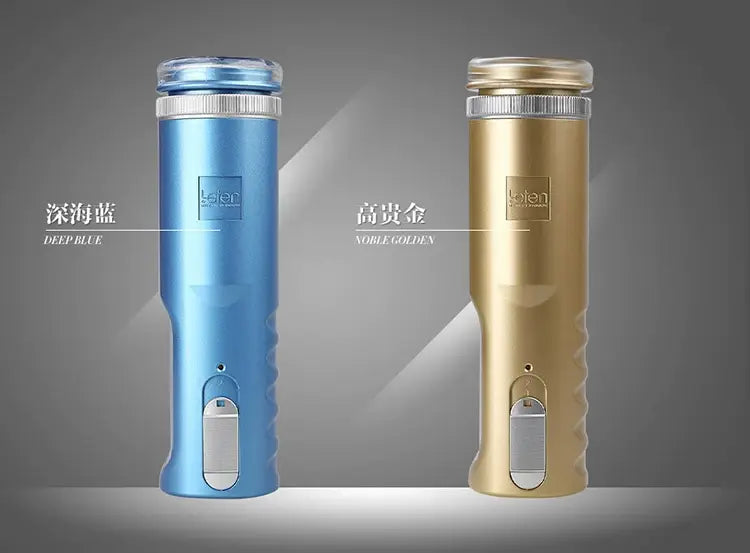 Two stylish metallic travel mugs in blue and gold for the Gold Piston Retractable Thrusting Male Automatic Masturbator.