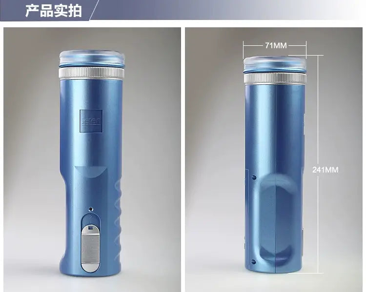 Metallic blue thermos with grip, perfect for Gold Piston Retractable Thrusting Male Automatic Masturbator.