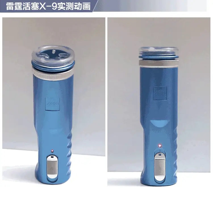 Blue metallic thermos flask for Gold Piston Retractable Thrusting Male Automatic Masturbator.