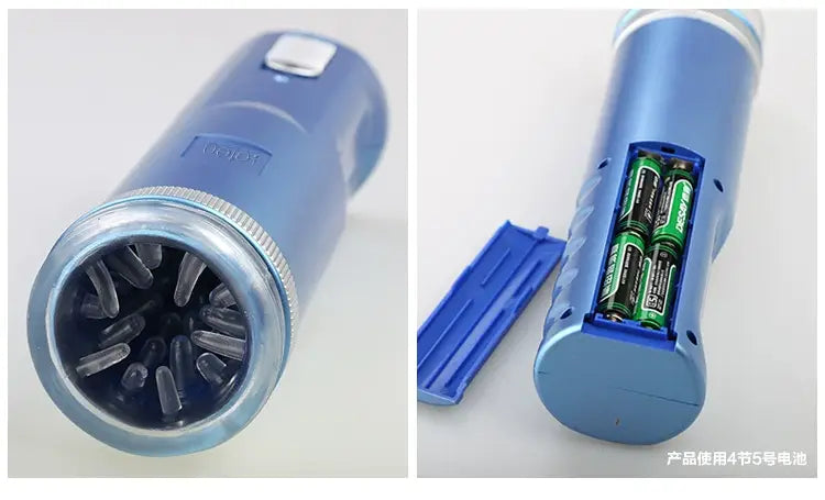 Blue flashlight with open battery compartment for Gold Piston Retractable Thrusting Male Automatic Masturbator.