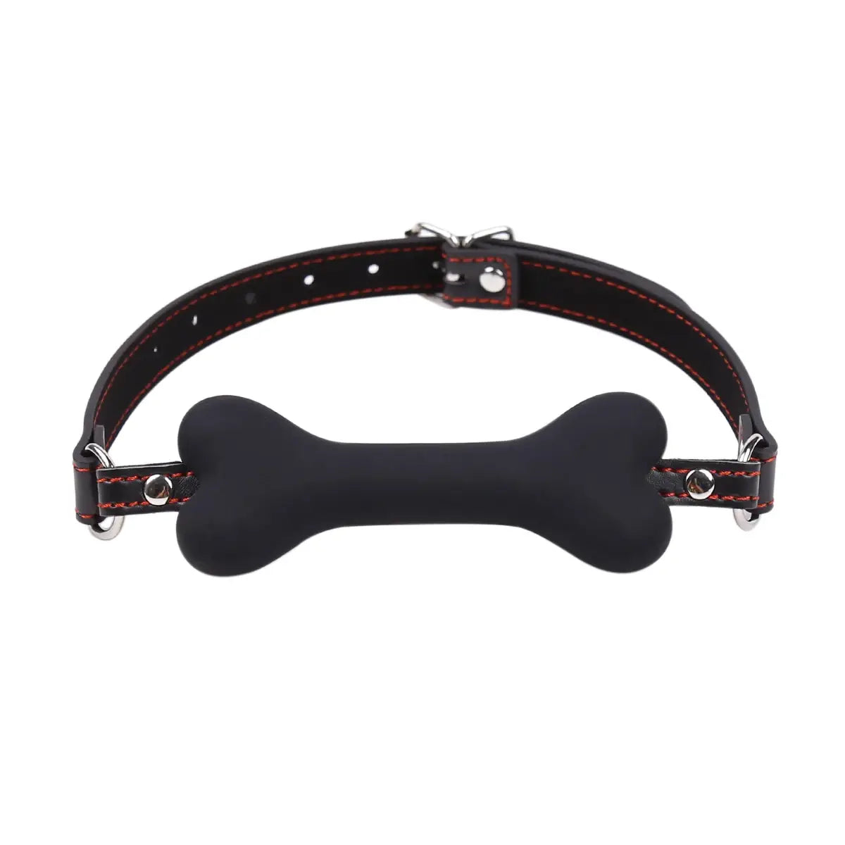 Bone mouth gag harness with leather straps and metal hardware in stylish design.