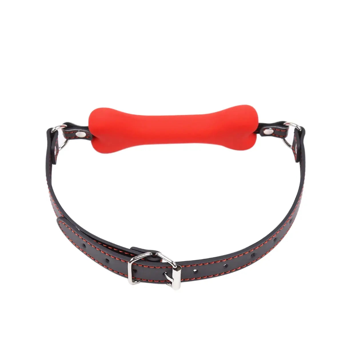 Red silicone bone mouth gag with stylish black leather strap for ultimate gag harness fun.