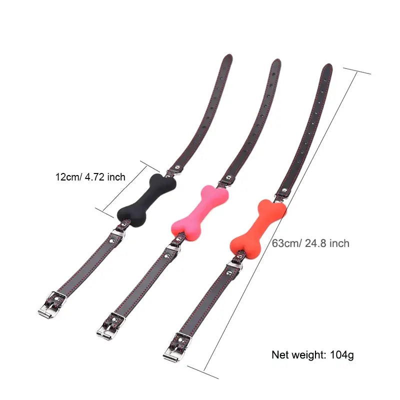 Colorful dog leashes with bone-shaped handles for the Bone Mouth Gag Harness.