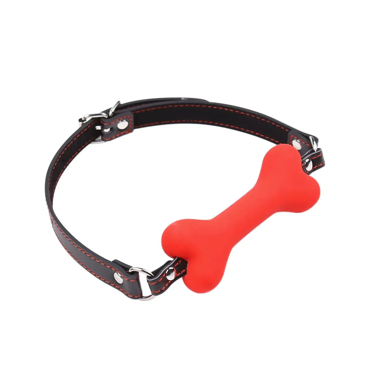 Red silicone bone mouth gag harness with leather strap and metal accents for erotic play.