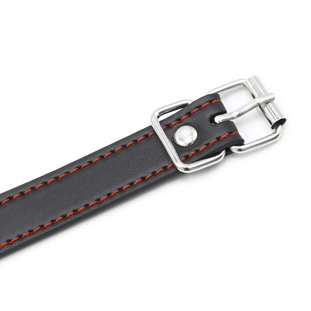 Black leather belt with red stitching and silver buckle for Bone Mouth Gag Harness.