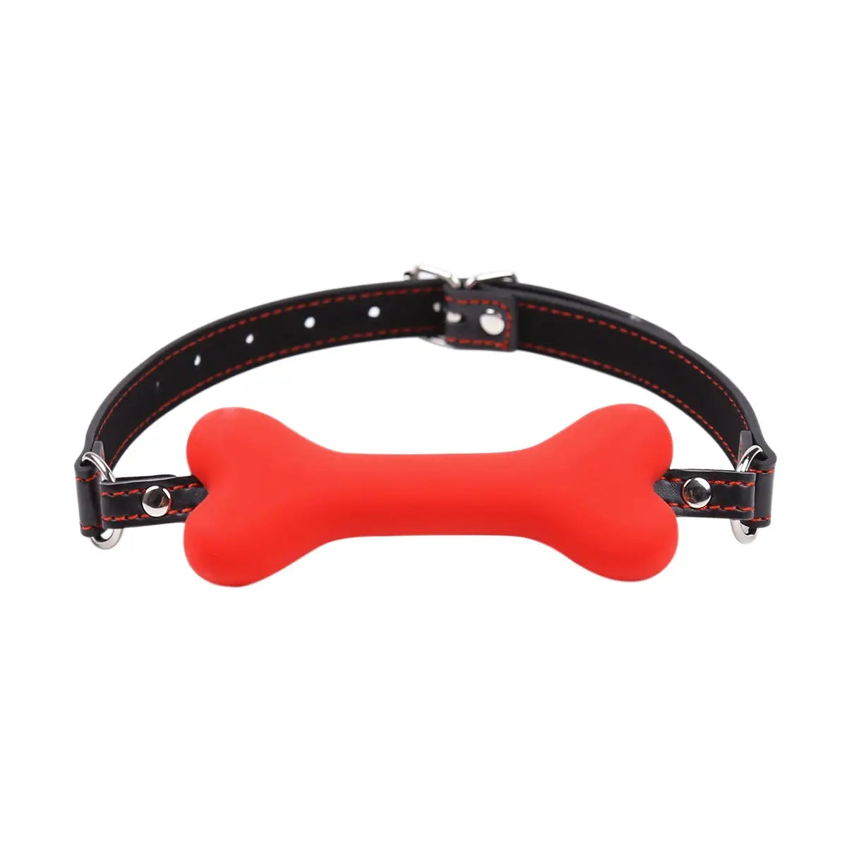 Red bone mouth gag harness with black leather straps and metal hardware for stylish play.