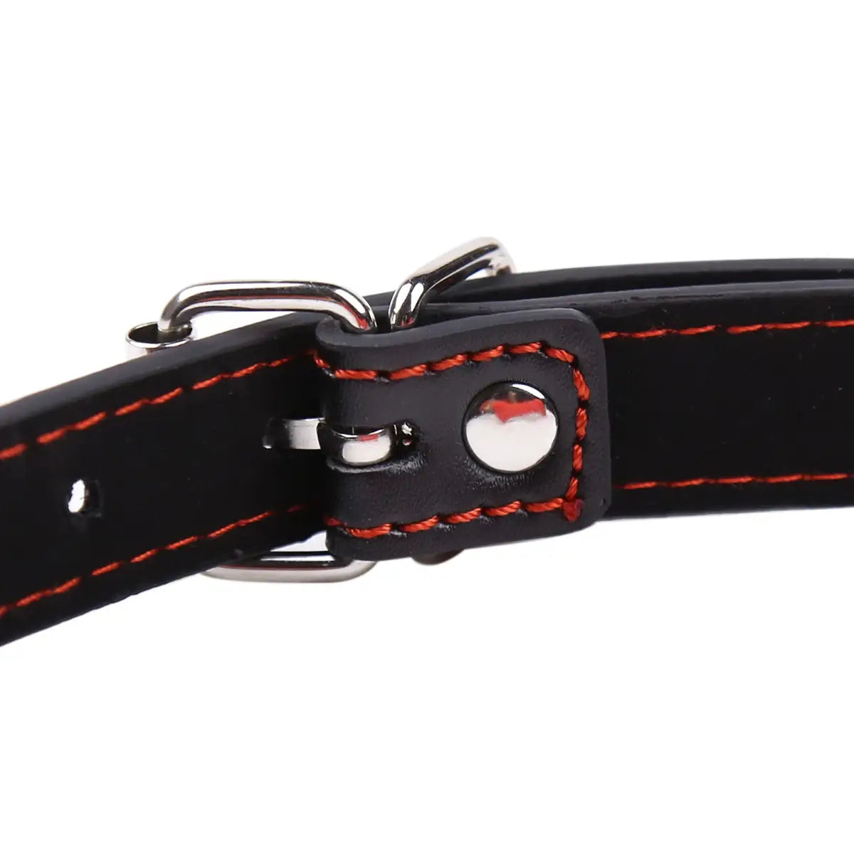 Black leather collar with red stitching for the Bone Mouth Gag Harness in stylish options.