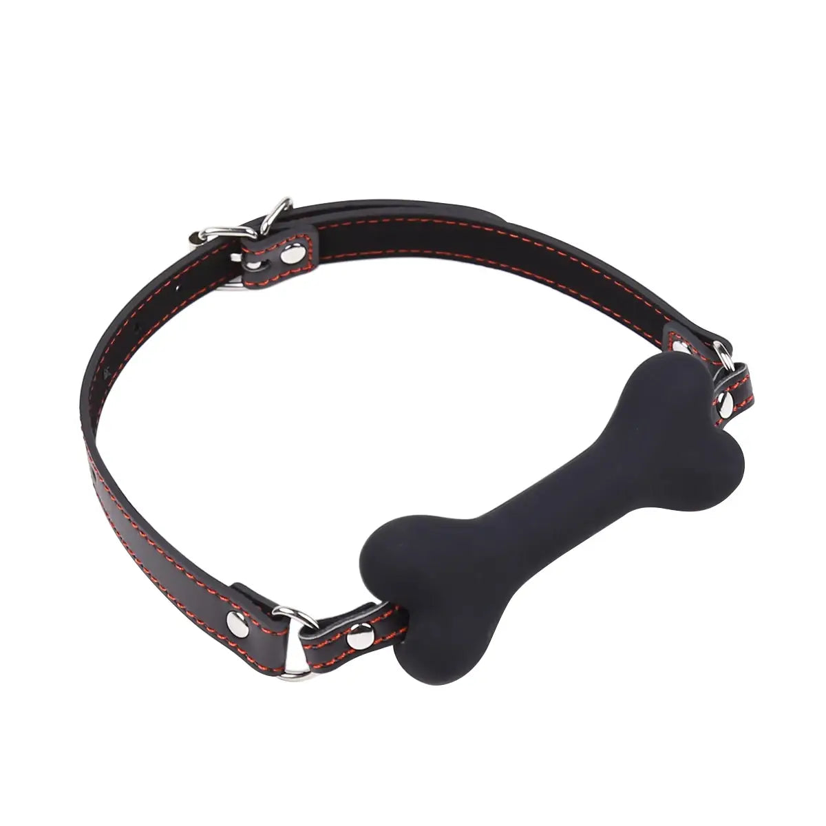 Bone mouth gag on a brown leather collar with red stitching in a stylish gag harness.