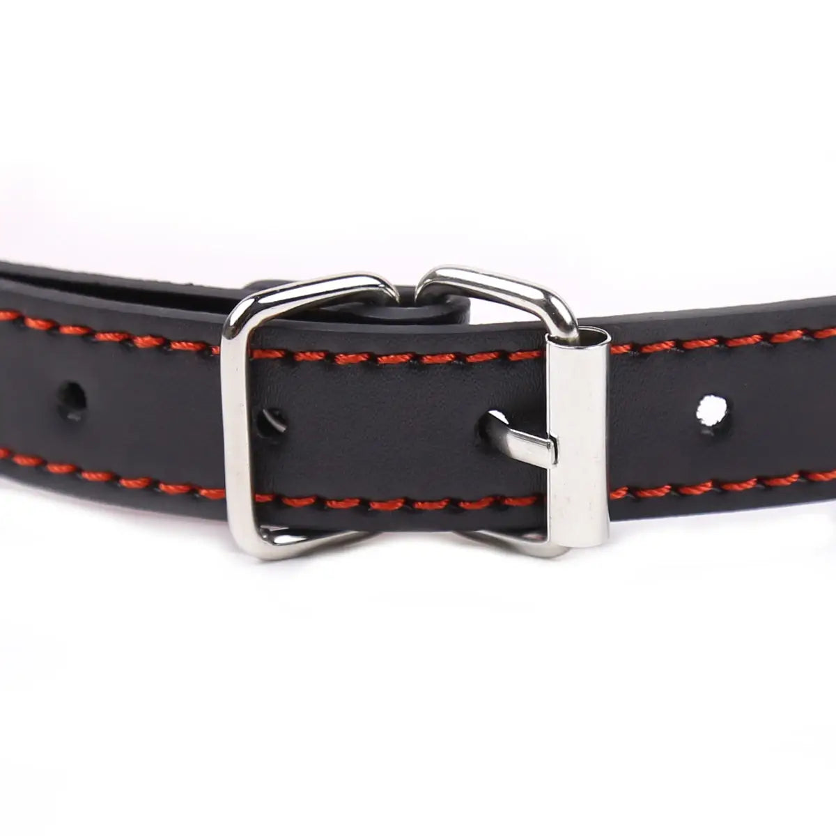 Black leather belt with red stitching and silver buckle for Bone Mouth Gag Harness.