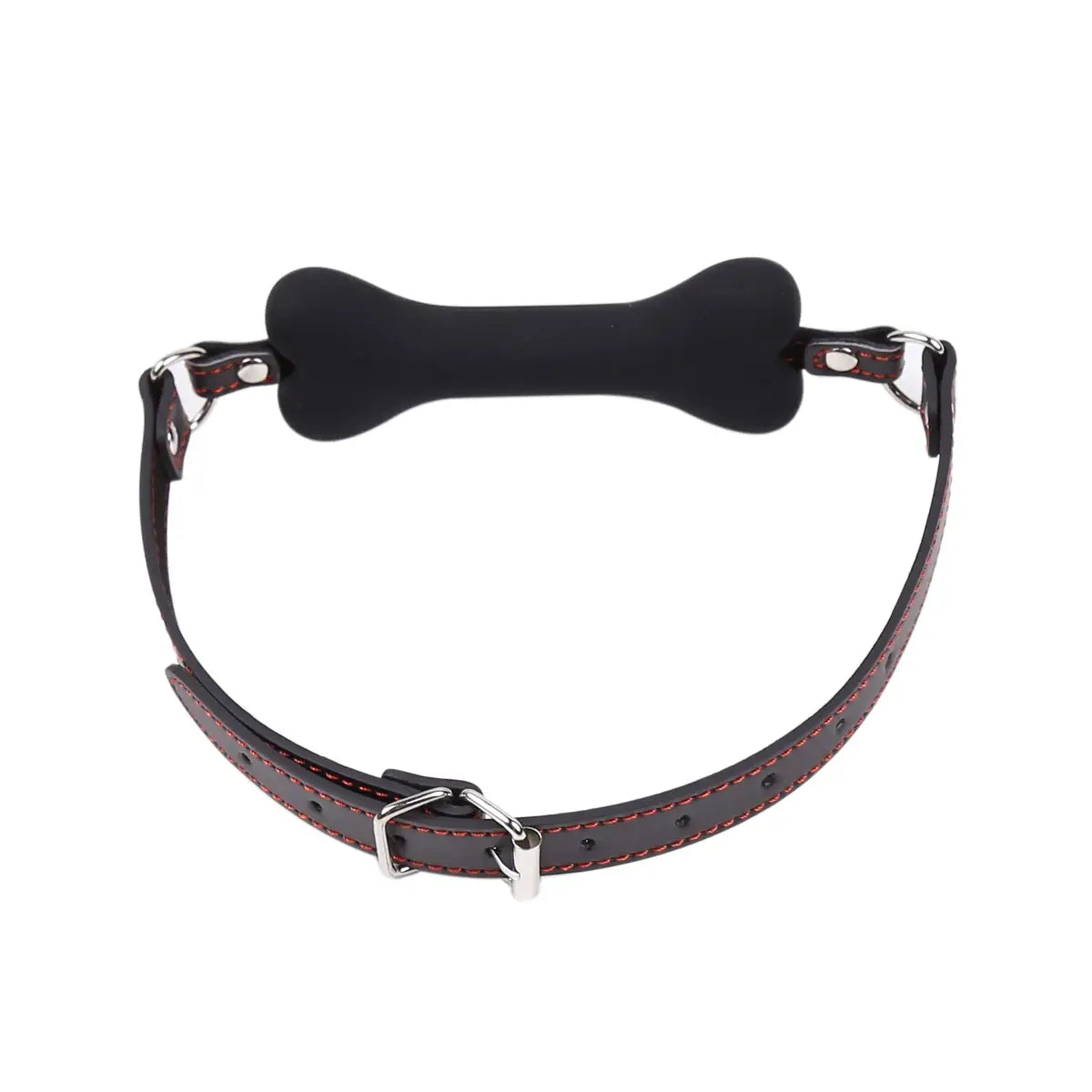 Black bone mouth gag with brown leather straps and metal buckles for a stylish gag harness.