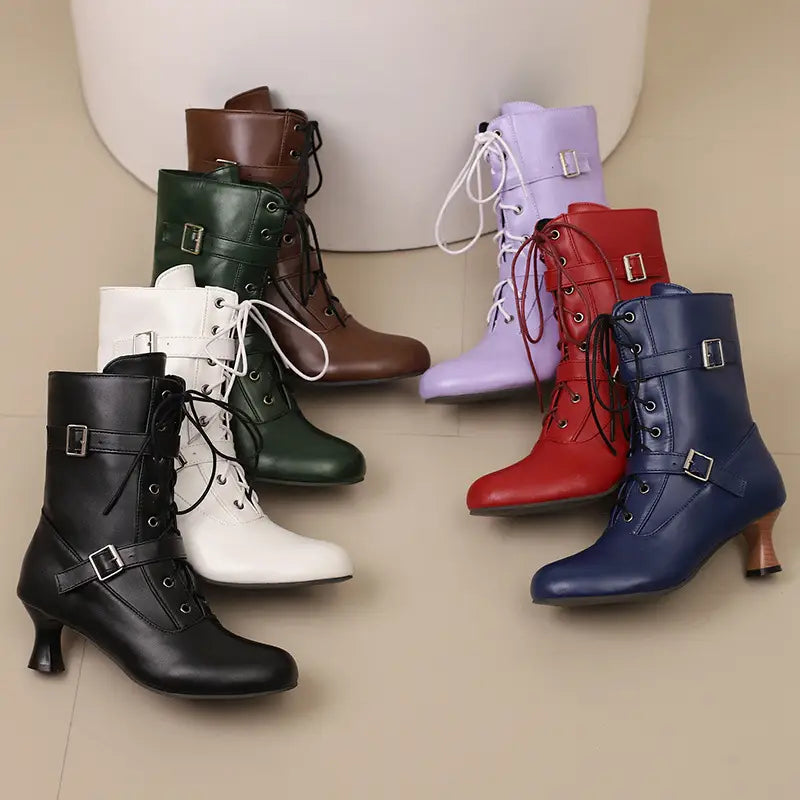 Chic collection of mid heel lace-up ankle boots with colorful buckles and kitten heels.