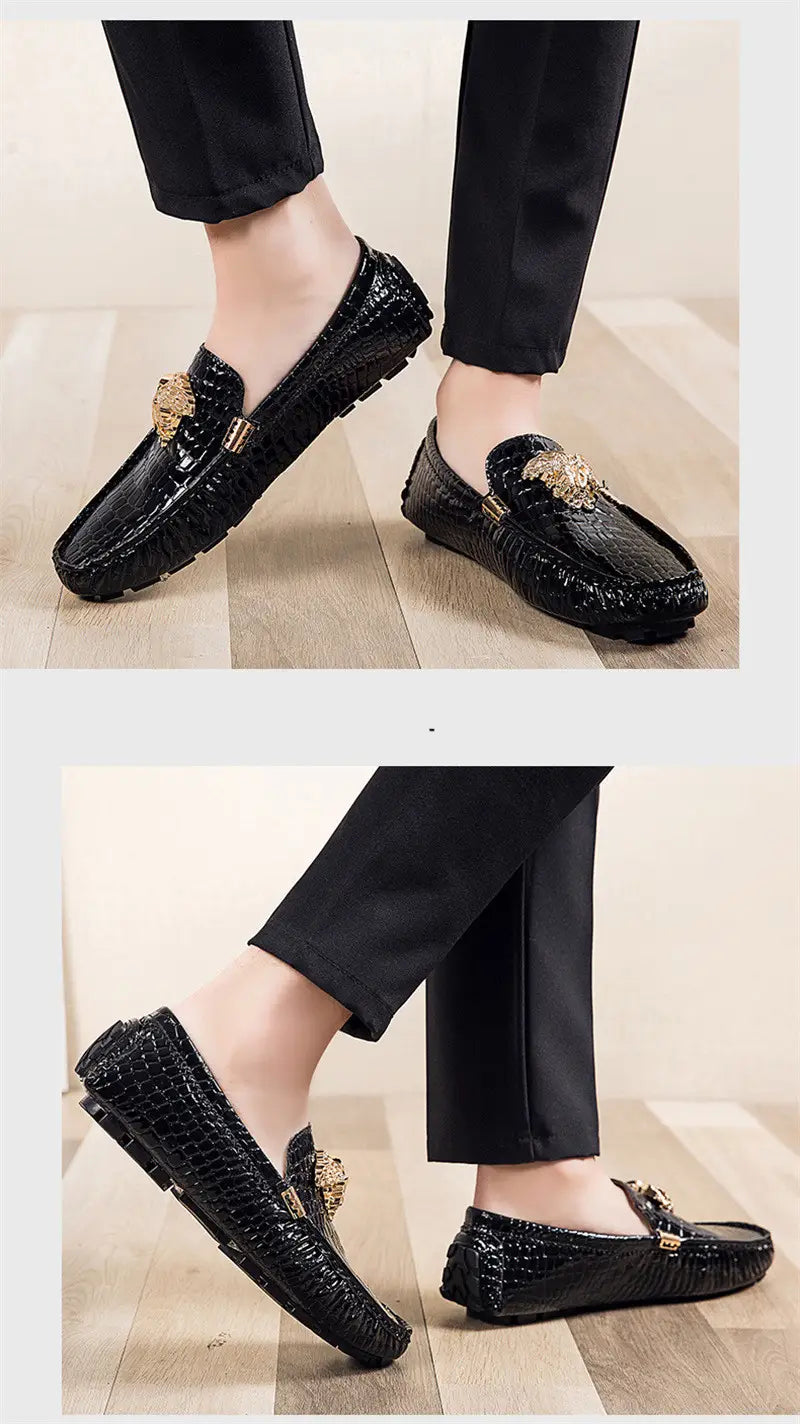 Shiny black crocodile print loafers with gold buckles for stylish men’s footwear.