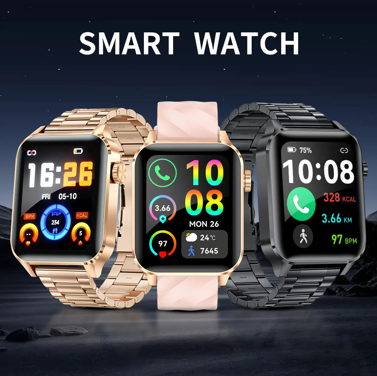 Three smartwatches in gold, pink, and black showcasing Bluetooth calling and waterproof health monitoring.