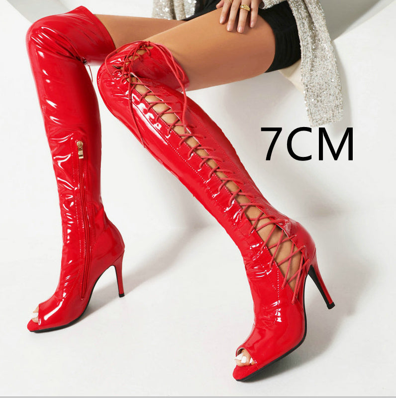 Patent Stretch Over-the-knee Open Toe Side Lace Up Boots