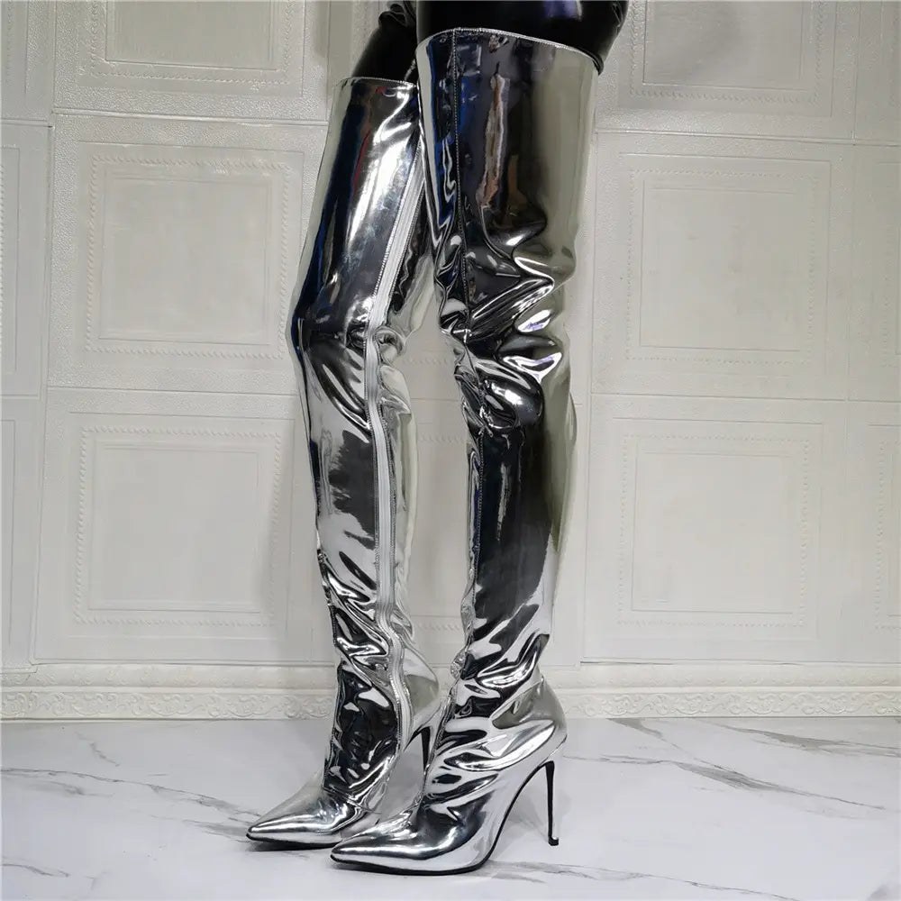 Silver Patent Leather Above Knee Size