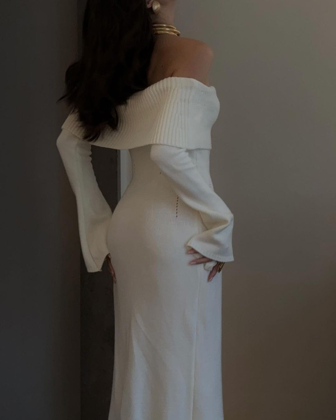 Off-the-shoulder Long Sleeve Knitted Bodycon Maxi Dress