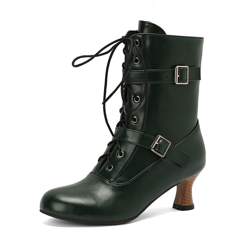 Dark green leather mid heel lace-up ankle boots with buckle straps and curved heels.