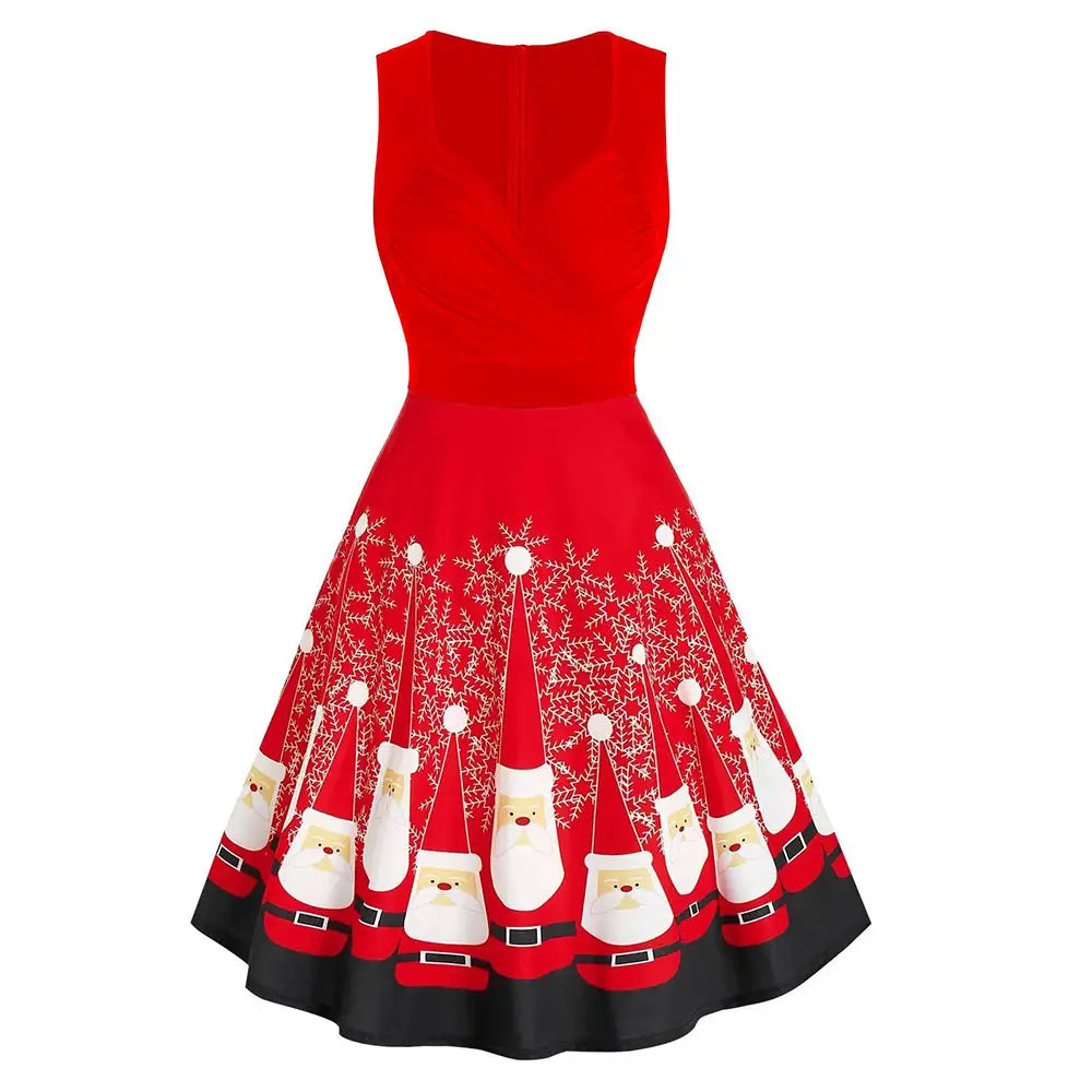 Red Lace Christmas Dress with Musical Notes and Santa