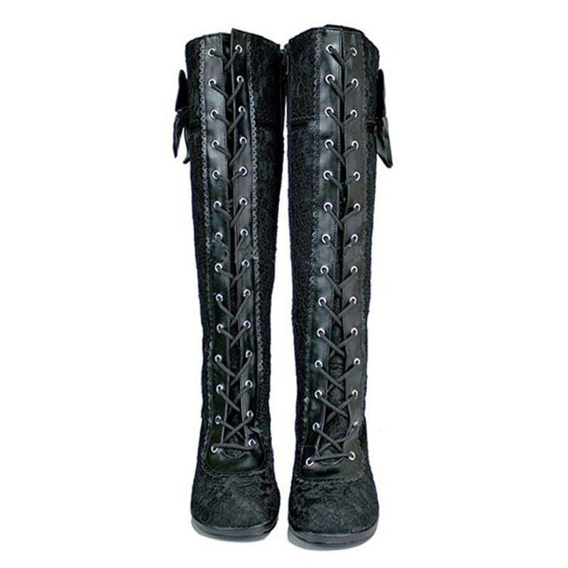 Stylish Black Lace-up Knee High Victorian Boots with Buckle and Bowknot Details