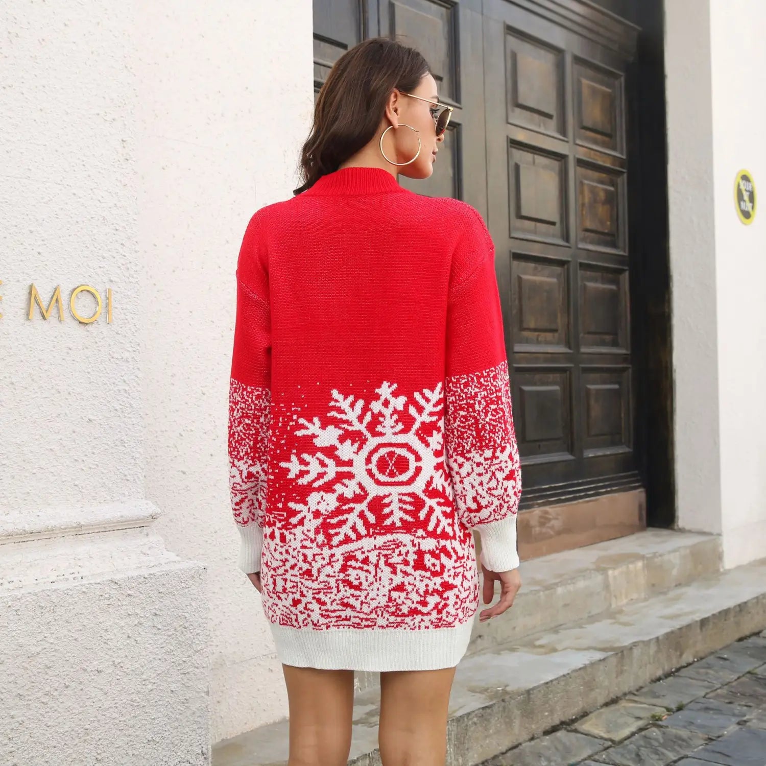 Christmas Snowflake Pullover Knitted Dress in Red and Black