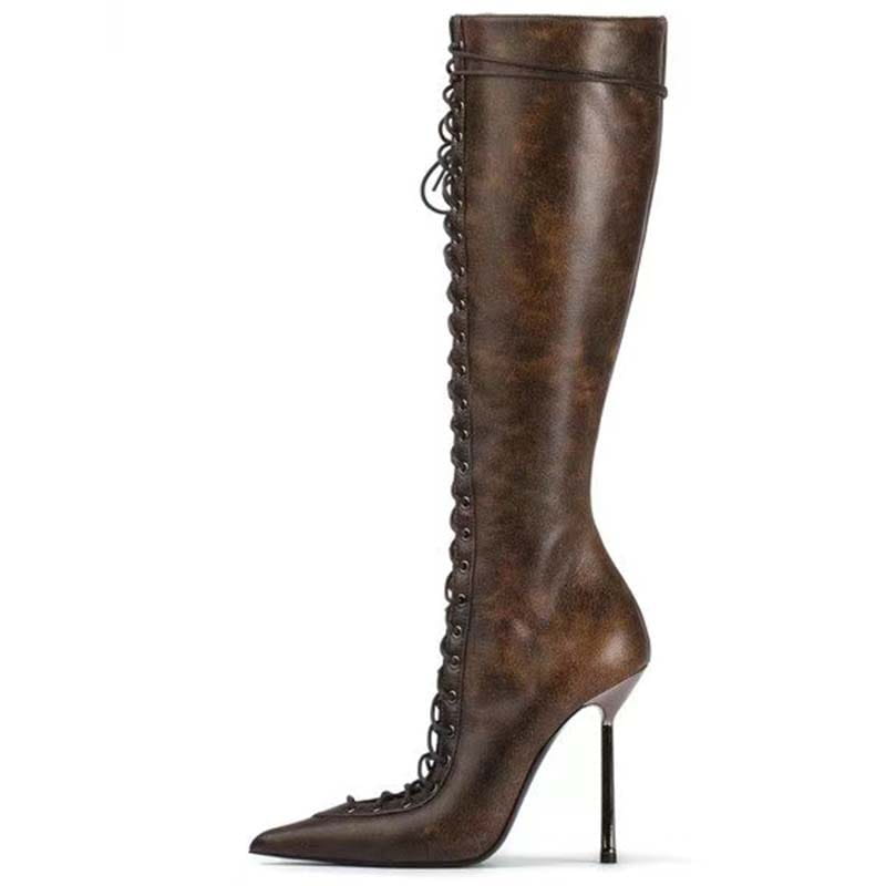 Stylish brown leather knee-high stiletto heel dominatrix sandal boots with lace-up design.