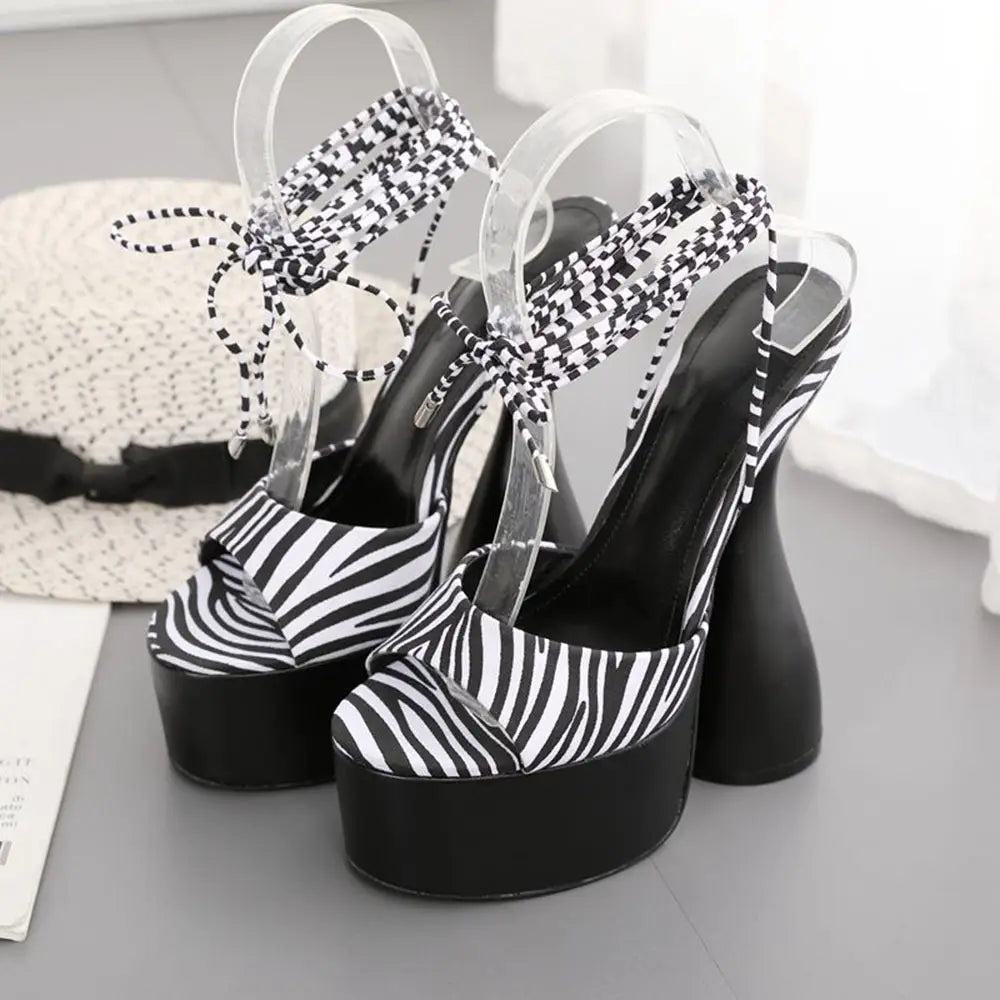 Black And White Striped Lace Up Shaped High Heels