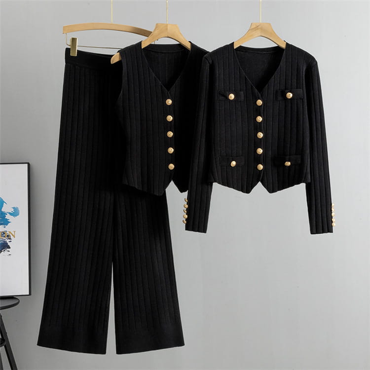 Black ribbed Chanel Style Wide Leg Three-Piece Knitted Set with gold buttons and wide-leg pants.