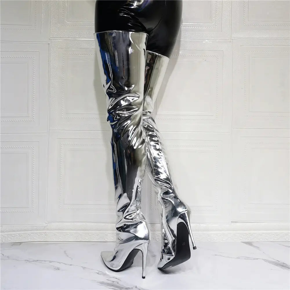 All Gender Fashion Silver Patent Thigh High Stiletto Boots