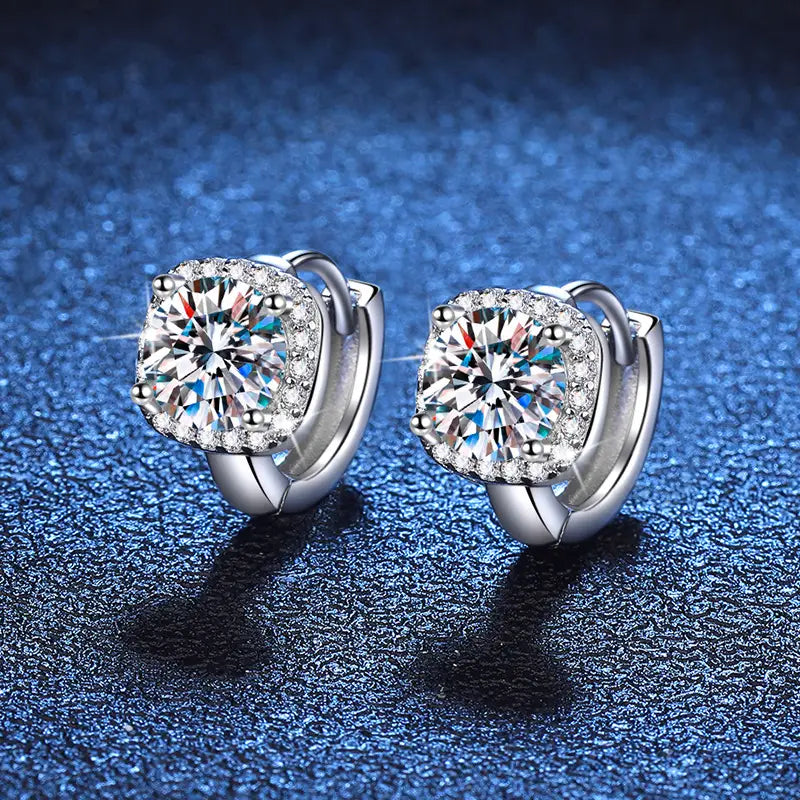 Sparkling diamond stud earrings in silver settings, perfect for Moissanite Classic Hoop style