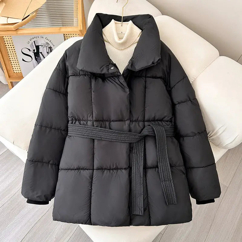 Ladies Warm Padded Winter Coat in Black with Belt Design