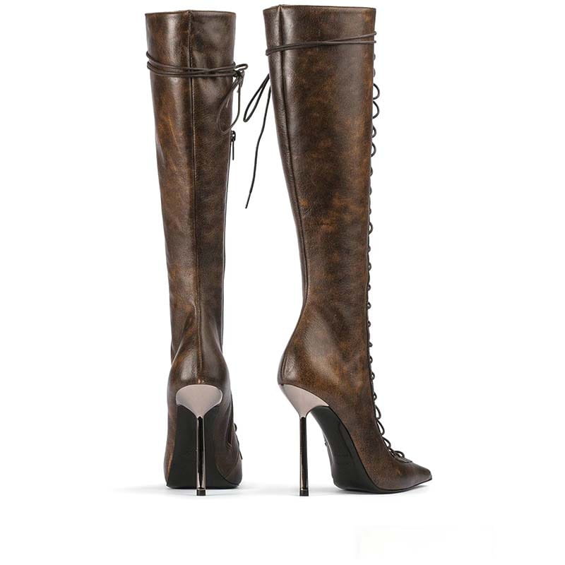 Brown leather knee-high dominatrix sandal boots with stiletto heels and lace-up backs.