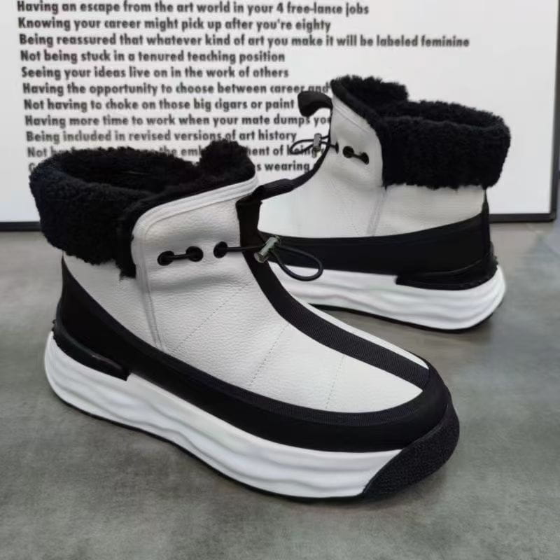 Black and white mens high-top platform shoes with chunky soles and plush comfort design.