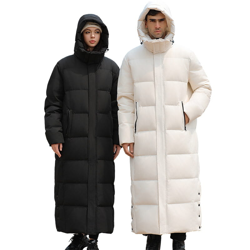 Two luxury padded quilted long coats in black and cream for stylish winter comfort.