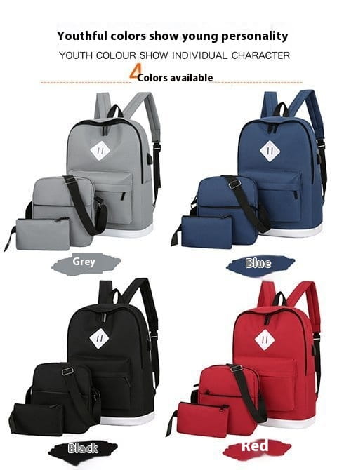 Large capacity USB Backpack set in grey, navy, black, and red with matching pouches.