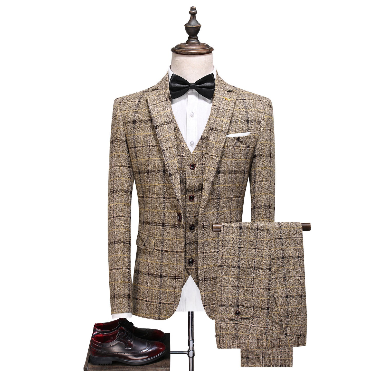 Men's Three-piece Slim-fitting English Style Checked Suit