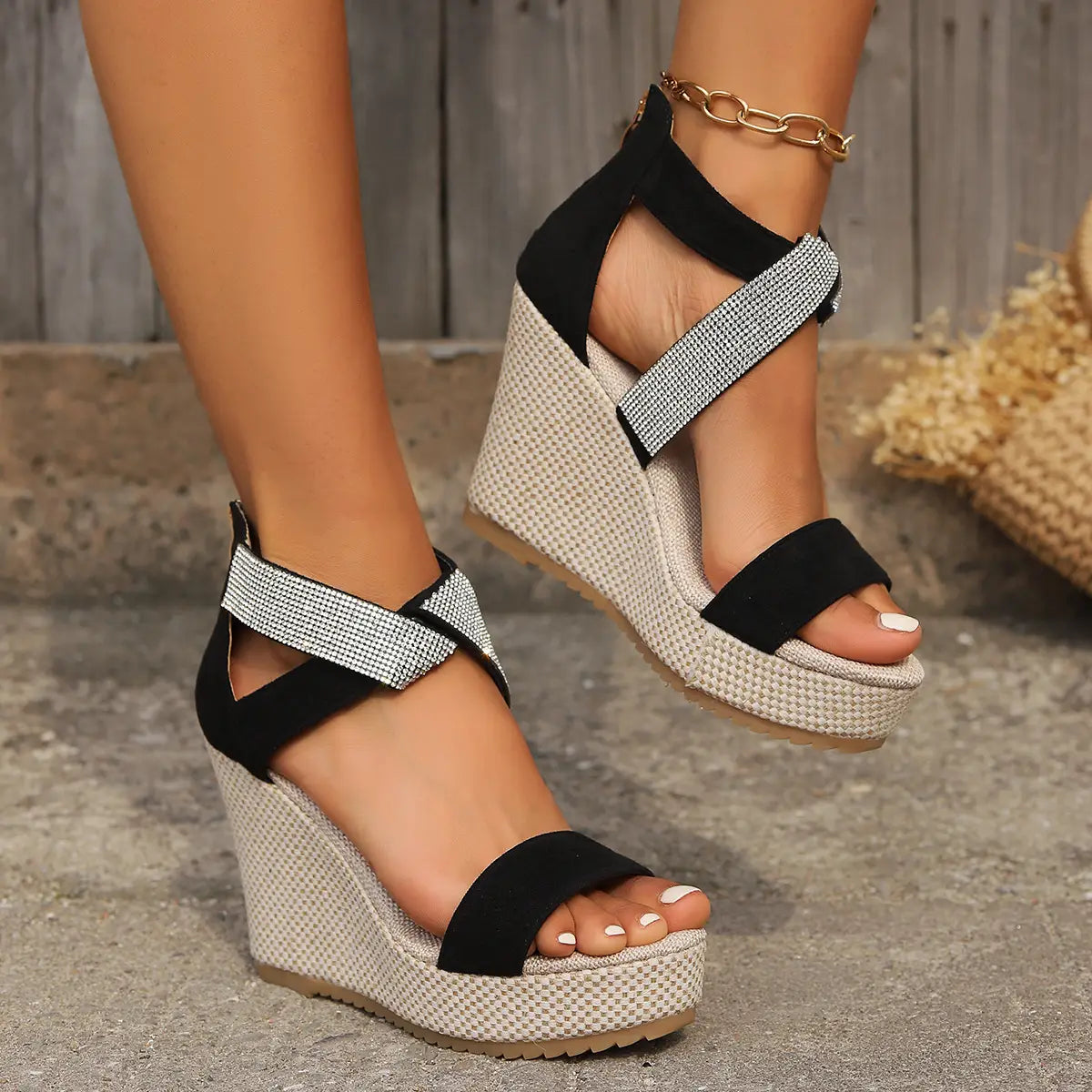 Ladies Open Toe High Wedge Sandals With Rhinestone Detail