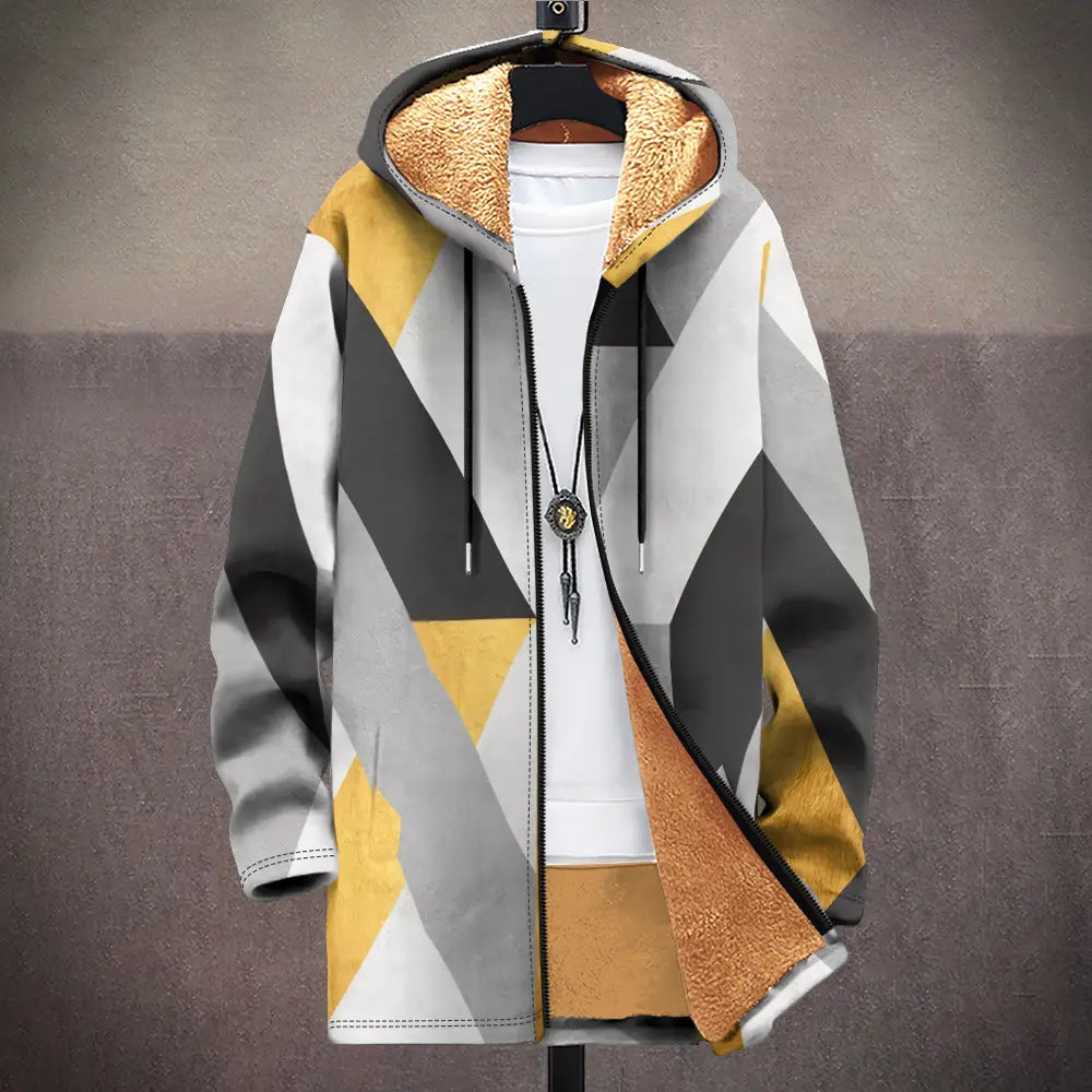 Manteau cardigan moderne à capuche doublé en polaire avec un motif d'impression ethnique jaune, gris et blanc.