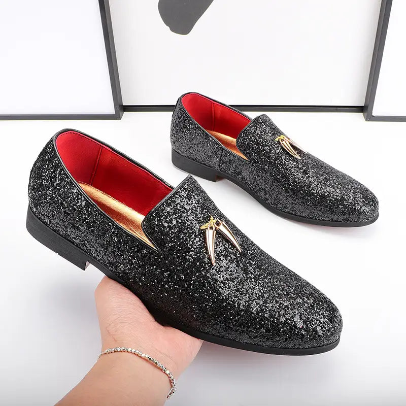 Stylish Sparkly Black Loafers with Tassels and Red Lining for Casual Glittered Rhinestone look.